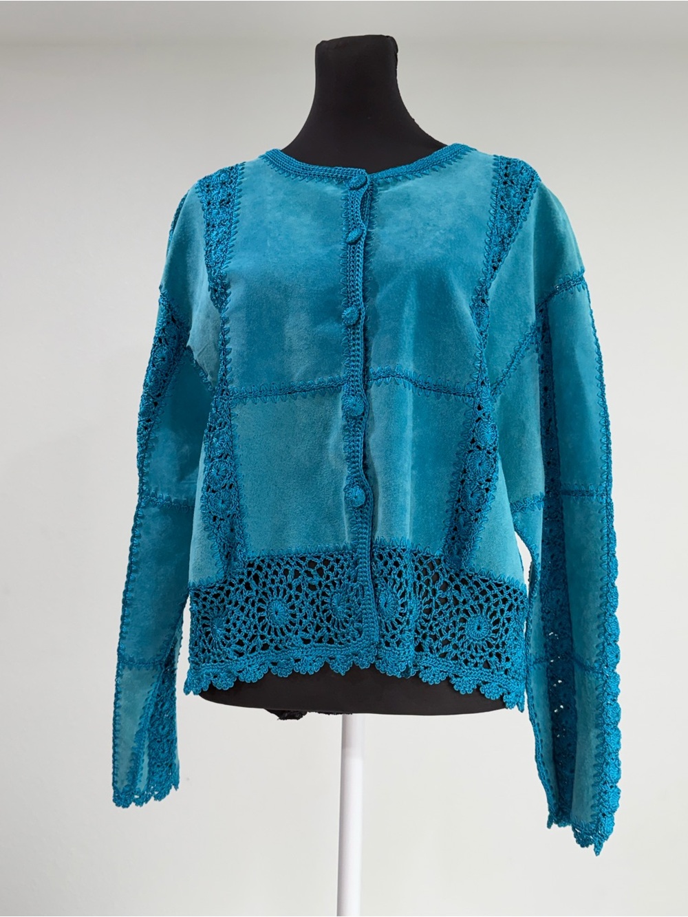 Vintage SMH Boutique Suede Leather Crochet Patchwork Jacket Sz XL Boho 90s Y2K